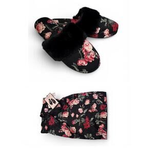 VICTORIA'S SECRET SATIN SLIPPERS + DUST BAG FAUX FUR BLACK & FLOWERS M (7-8) NWT
